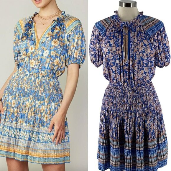 Anthro Current Air Border Print Popover Mini Dress Blue Floral Short Sleeve M - Picture 1 of 13
